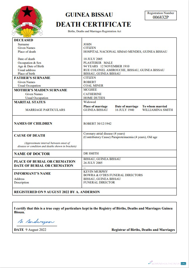 Download Guinea Bissau death certificate Photoshop template